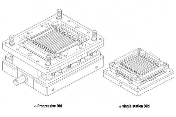 What are the advantages of progressive dies over single-station dies?
